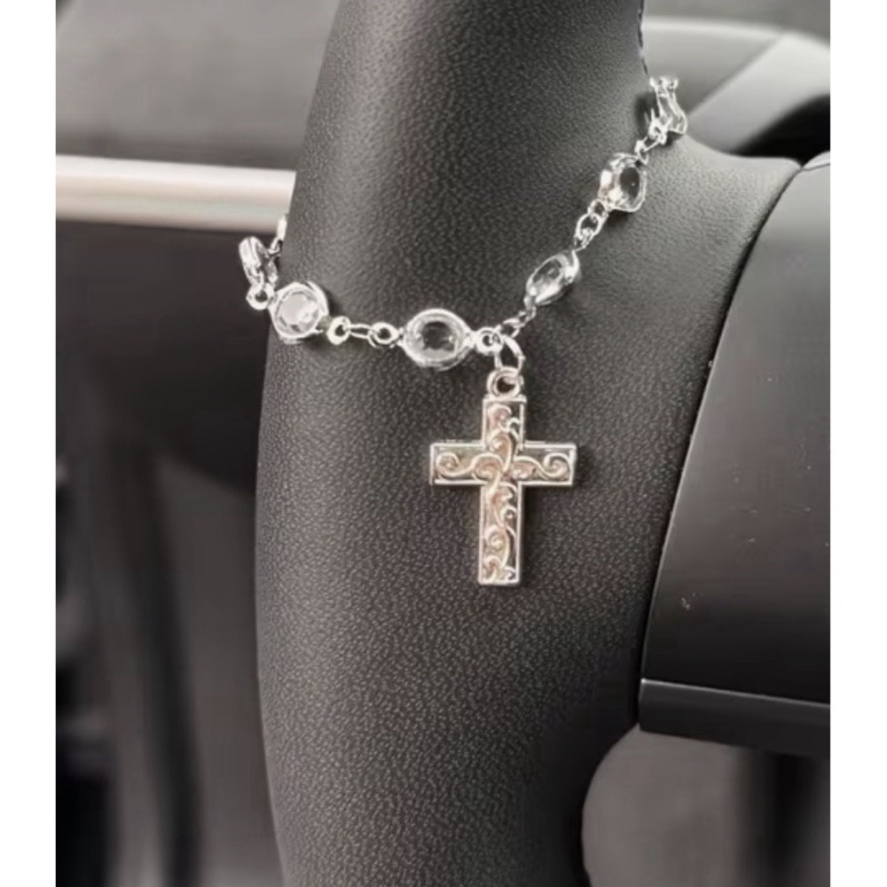 Silver Plated Steering Wheel Cross Charm Religious Car Accessory Pendant